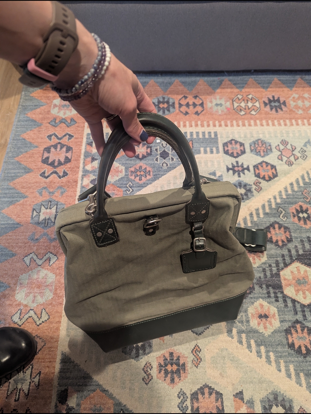 Olive Canvas and Green Leather Top-Handle Carryall Billy Kirk